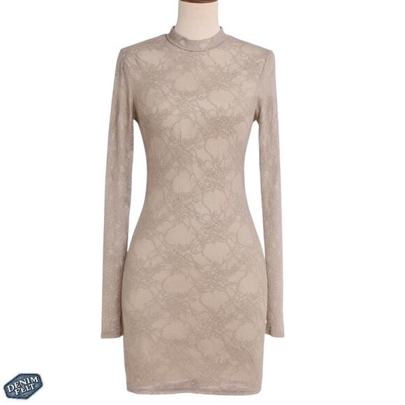 Lucky & Blessed Taupe Long Sleeve Lace Mini Dress S/M/L - Western Chic NEW - Picture 1 of 9